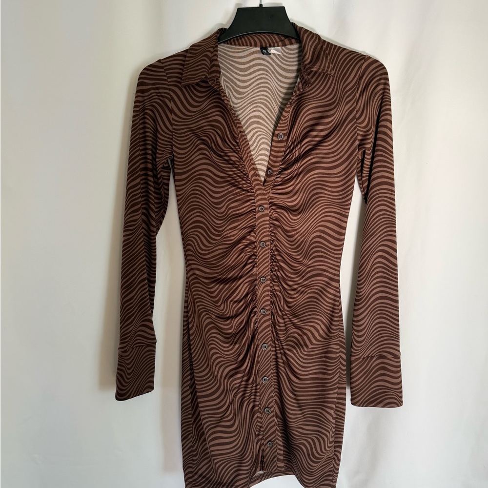 Y2K H&M Brown Wavy Rouched Button Down Dress SM